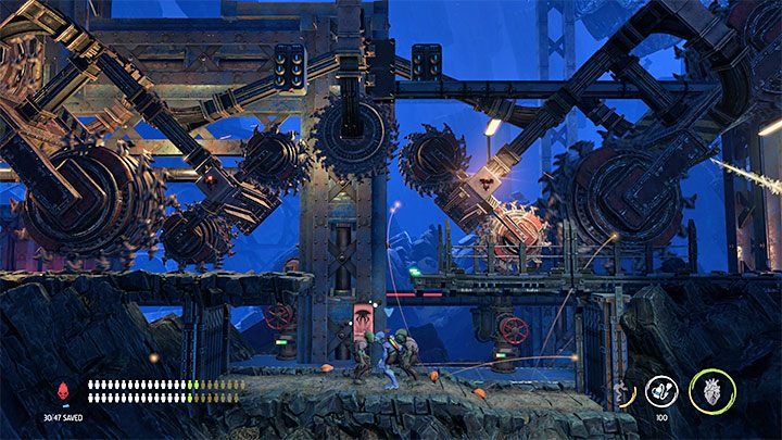 Ignorujemy widoczną w oddali windę, bo jest ona nieaktywna i musimy po raz kolejny przywrócić najpierw dostawy prądu - Oddworld Soulstorm: Znalezienie drogi na Poziom 3, The Mines - solucja - Oddworld Soulstorm - poradnik do gry