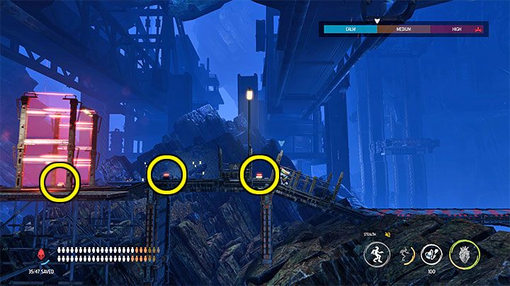 Zatrzymujemy się po dotarciu do miejsca z obrazka 1, w którym po raz pierwszy trzeba unikać gigantycznych wierteł - Oddworld Soulstorm: Znalezienie drogi na Poziom 3, The Mines - solucja - Oddworld Soulstorm - poradnik do gry