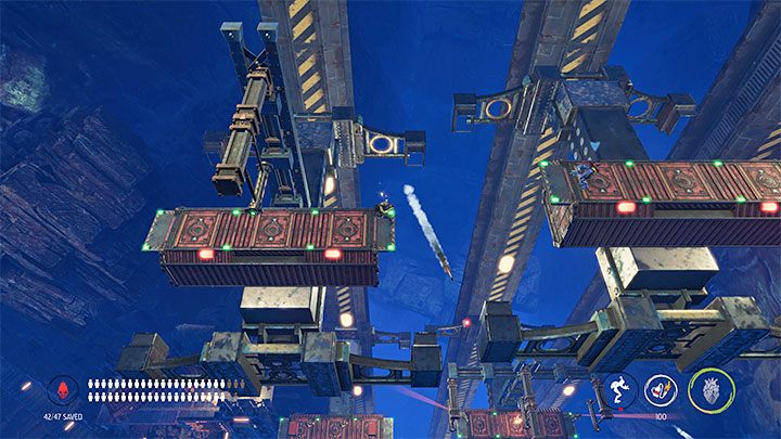 W przypadku wrogów z kolejnych, niższych platform, używanie miotacza byłoby bardzo ryzykowne - Oddworld Soulstorm: Znalezienie drogi na Poziom 3, The Mines - solucja - Oddworld Soulstorm - poradnik do gry