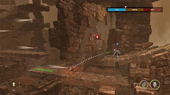 Na lewo od kolejnego checkpointu spotkamy pojedynczego Sliga, ale nie możemy skorzystać z opętania, gdyż śpiew blokuje urządzenie Chant Suppressor - Oddworld Soulstorm: Odnalezienie innych Mudokonów, The Ruins - solucja - Oddworld Soulstorm - poradnik do gry