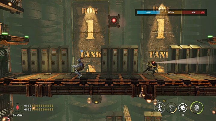 Po skorzystaniu z panelu sterowania trafimy do pierwszej lokacji z rzędami szafek (Lockers) oraz ze Sligiem patrolującym ten obszar - Oddworld Soulstorm: Dotarcie do wieży Fueling Tower, Phat Station - solucja - Oddworld Soulstorm - poradnik do gry