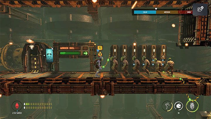 Powracamy z przyłączonymi Mudokonami do miejsca startu i używamy gwizdka Work Whistle żeby zagonić je do pracy i wydać im polecenia skorzystania z tutejszych stanowisk - Oddworld Soulstorm: Dotarcie do wieży Fueling Tower, Phat Station - solucja - Oddworld Soulstorm - poradnik do gry