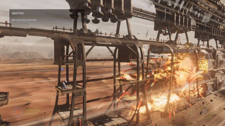 Po tym jak zauważymy, że butle z propanem stanęły w ogniu wycofujemy się i czekamy na wielką eksplozję, która zniszczy Slig Mamę - Oddworld Soulstorm: Slig Mama, pojedynek z bossem, The Hijack - solucja - Oddworld Soulstorm - poradnik do gry