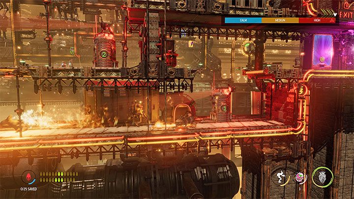 Na dolnych piętrach zaczniemy spotykać elitarnych Sligów i warto się tu pilnować, bo w przeciwieństwie do wcześniejszych wrogów mogą łatwo zabić Abea na odległość - Oddworld Soulstorm: Odblokowanie platformy w Workzone 1, Feeco Depot - solucja - Oddworld Soulstorm - poradnik do gry