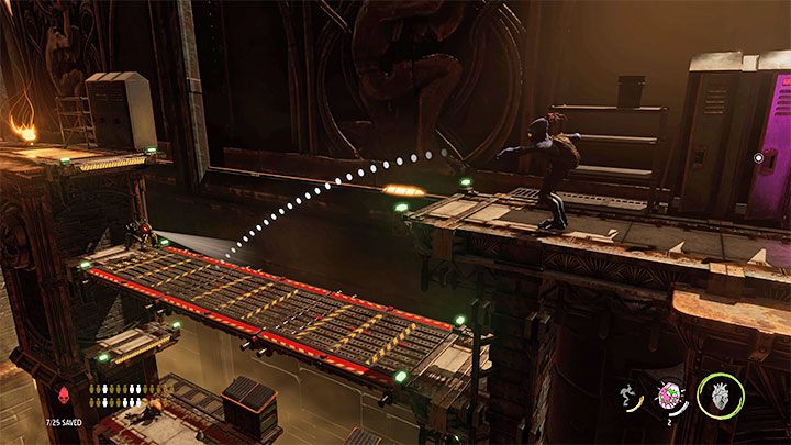 Idziemy w prawo, doskakujemy do drążka (Monkey Bar) i następnie do nowej stabilnej półki - Oddworld Soulstorm: Odblokowanie platformy w Workzone 1, Feeco Depot - solucja - Oddworld Soulstorm - poradnik do gry