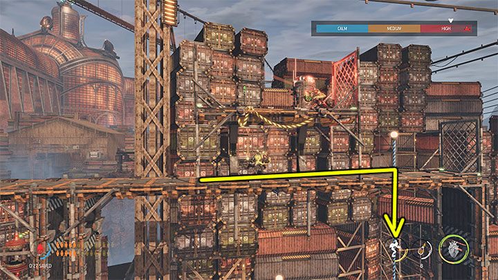 Ponownie aktywujemy moc opętania i wznawiamy kontrolowanie Sliga z półki ze zniszczonym zbiornikiem - Oddworld Soulstorm: Dotarcie dźwigiem do Security Station, The Yards - solucja - Oddworld Soulstorm - poradnik do gry