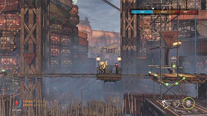 Po dotarciu na najniższy poziom kierujemy się w lewo - Oddworld Soulstorm: Dotarcie dźwigiem do Security Station, The Yards - solucja - Oddworld Soulstorm - poradnik do gry