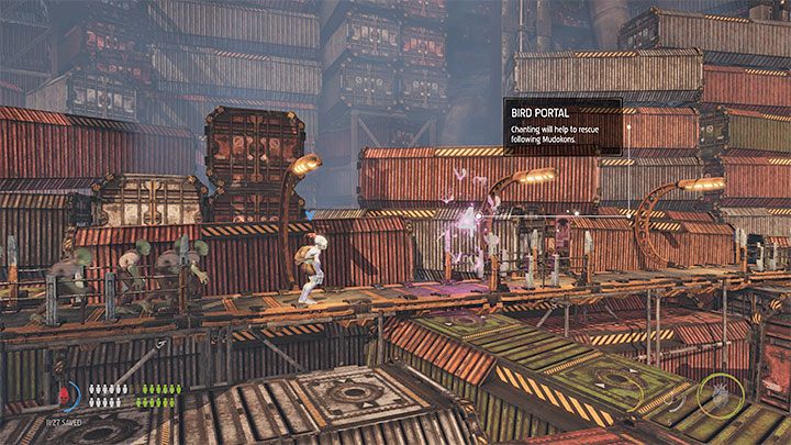 Do ostatniej części misji przystąpimy niedługo po tym jak rozwiążemy zagadkę z kontenerami i dotrzemy do dźwigni odblokowującej przejście dla eskortowanych Mudokonów - Oddworld Soulstorm: Wspinaczka na dźwig Loading Crane, The Yards - solucja - Oddworld Soulstorm - poradnik do gry