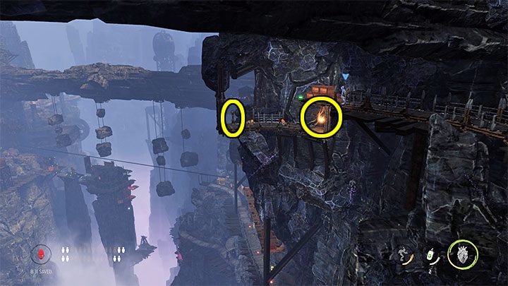 Przeskakiwanie na kolejne drążki pozwoli Abeowi dotrzeć na skalną półkę będącą sekretną lokacją - Oddworld Soulstorm: Etap 5 - wszystkie sekrety, lista - Oddworld Soulstorm - poradnik do gry