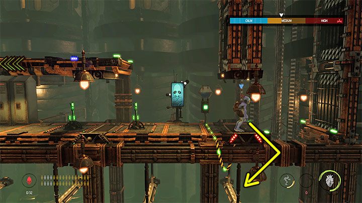 Dzięki temu, że winda pojechała na górę powstał pokazany na obrazku dolny otwór - Oddworld Soulstorm: Etap 6 - wszystkie sekrety, lista - Oddworld Soulstorm - poradnik do gry