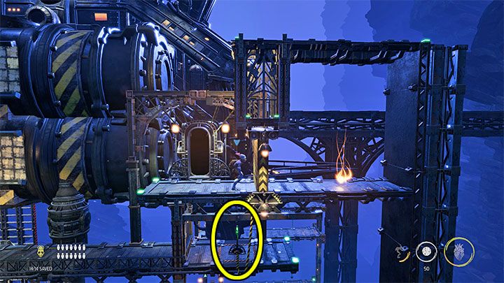 Latającym przeciwnikiem trzeba polecieć do prawego górnego narożnika i wejść nim w interakcję z zaznaczoną na obrazku dźwignią - Oddworld Soulstorm: Etap 13 - wszystkie sekrety, lista - Oddworld Soulstorm - poradnik do gry