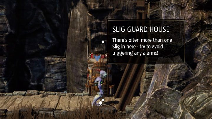 W niektórych lokacjach alarm może oznaczać wezwanie posiłków - stanie się tak jeśli w badanej lokacji są posterunki strażnicze podobne do przykładowego z obrazka - Oddworld Soulstorm: Skradanie się - Oddworld Soulstorm - poradnik do gry