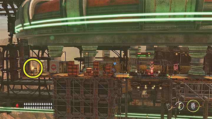 Wspinamy się na górną platformę i wprawiamy ją w ruch - Oddworld Soulstorm: Dotarcie na szczyt Fueling Tower, Phat Station - solucja - Oddworld Soulstorm - poradnik do gry