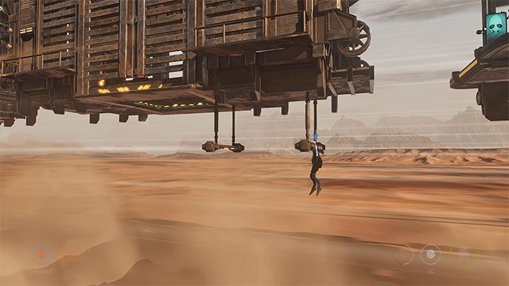 Wyruszamy tą samą drogą, co przejęty niedawno latający Slig, czyli w dół i następnie w lewo - Oddworld Soulstorm: Uwolnienie Mudokonów z wagonów, The Hijack - solucja - Oddworld Soulstorm - poradnik do gry