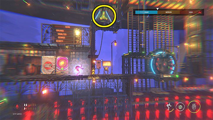 Przechodzimy przez zniszczony wrogi posterunek i docieramy Abeem do szerokiej platformy, która musi zaliczyć długą podróż w głąb ekranu - Oddworld Soulstorm: Więzienia Holding Pen 10-6, Escape - solucja - Oddworld Soulstorm - poradnik do gry