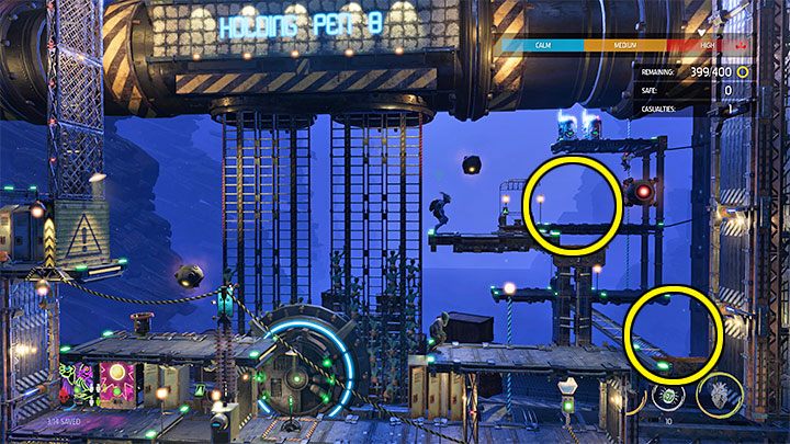 Po pociągnięciu za dźwignię skupmy się na dwóch obszarach po prawej stronie, które zaznaczyliśmy na dołączonym obrazku - Oddworld Soulstorm: Więzienia Holding Pen 10-6, Escape - solucja - Oddworld Soulstorm - poradnik do gry