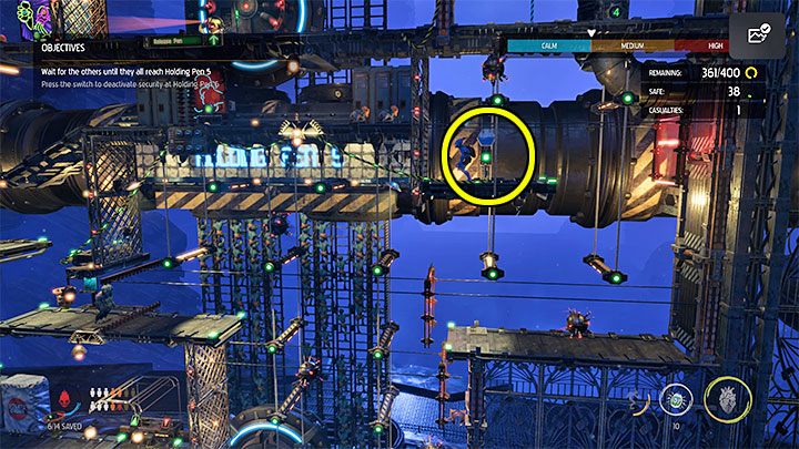 Abeem musimy dotrzeć w dwa miejsca - najpierw do dolnej dźwigni (obrazek 1) i następnie do górnego przycisku (obrazek 2) - Oddworld Soulstorm: Więzienia Holding Pen 10-6, Escape - solucja - Oddworld Soulstorm - poradnik do gry