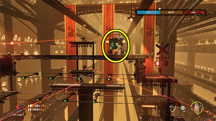 Naszym zadaniem jest dotarcie do zaznaczonej na obrazku windy i w drodze do niej ponownie uważamy na snajpera - Oddworld Soulstorm: Przejście przez Workzone 2, Feeco Depot - solucja - Oddworld Soulstorm - poradnik do gry