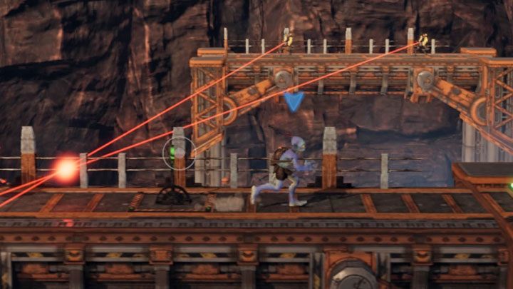 Drugie utrudnie to snajperzy i naszym zadaniem jest oczywiście unikanie czerwonych wiązek laserowych - Oddworld Soulstorm: Przeprawa przez Gantry Channel, The Yards - solucja - Oddworld Soulstorm - poradnik do gry