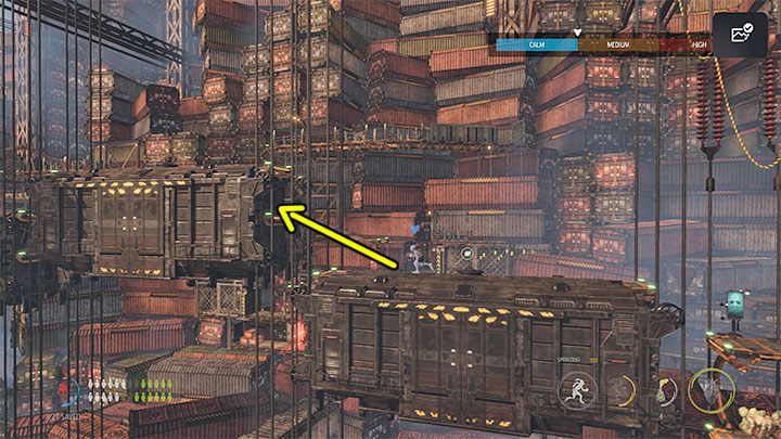 Szybko wspinamy się na lewy kontener, wykonujemy sprint na jego dachu i doskakujemy do krawędzi przy środkowym kontenerze - Oddworld Soulstorm: Przeprawa przez Gantry Channel, The Yards - solucja - Oddworld Soulstorm - poradnik do gry