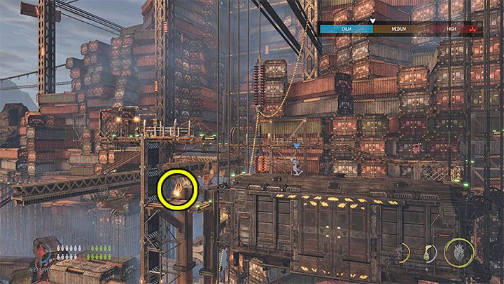 Trzeci, lewy kontener, powinien być na identycznej wysokości do środkowego - Oddworld Soulstorm: Przeprawa przez Gantry Channel, The Yards - solucja - Oddworld Soulstorm - poradnik do gry