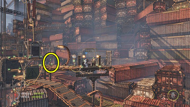 Dolny poziom patroluje nowa maszyna z wielkim uśmiechem - Oddworld Soulstorm: Przeprawa przez Gantry Channel, The Yards - solucja - Oddworld Soulstorm - poradnik do gry