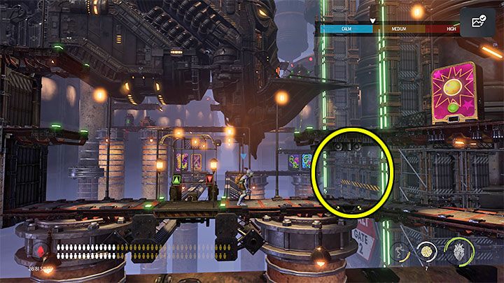 Abe może skorzystać z zaznaczonego na obrazku dolnego przejścia po tym jak dotrze do koła roboczego i zaliczy obowiązkowy cel misji związany z otwarciem drugiej bramy - Oddworld Soulstorm: Otwarcie 3 bramy, Brewery - solucja - Oddworld Soulstorm - poradnik do gry