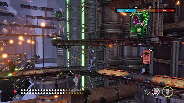 Abe może skorzystać z dolnego przejścia na prawo od ruchomej platformy dopiero po tym jak dotrze do koła roboczego i zaliczy obowiązkowy cel misji związany z otwarciem trzeciej bramy - Oddworld Soulstorm: Otwarcie ostatniej bramy, Brewery - solucja - Oddworld Soulstorm - poradnik do gry