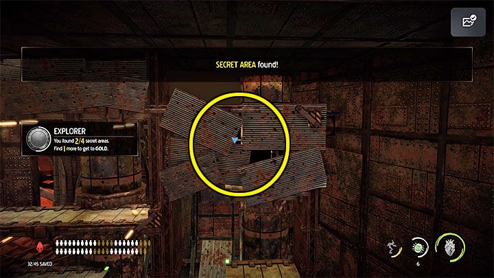 Pozostajemy w miejscu gdzie był Slig ze srebrnym kluczem i doskakujemy do słabo widocznej górnej półki będącej sekretnym obszarem (Secret Area) - Oddworld Soulstorm: Przeprawa przez piec Furnace, Slig Barracks - solucja - Oddworld Soulstorm - poradnik do gry