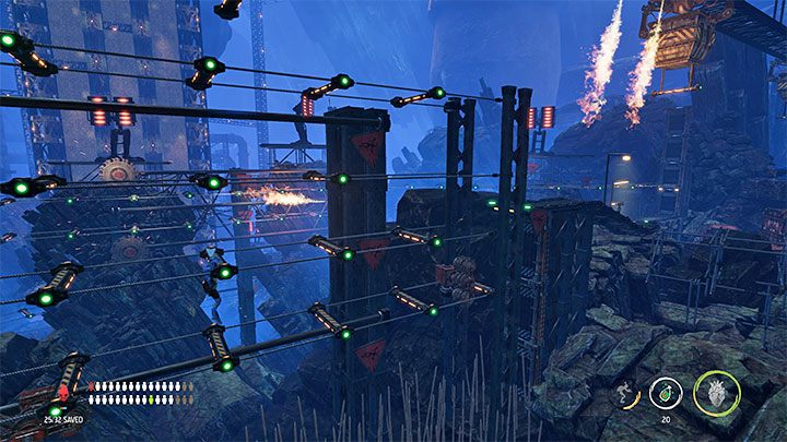 W drugiej zagadce środowiskowej również rozpoczynamy od złapania się drążka ruchomej platformy i puszczenia się w momencie gdy znajdziemy się nad grupą nieruchomych drążków - Oddworld Soulstorm: Zejście na poziom Bone Processing, Necrum - solucja - Oddworld Soulstorm - poradnik do gry