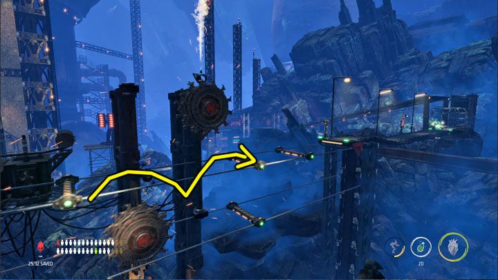 Ponownie musimy unikać kontaktu z dużymi wirującymi mechanizmami i w tym przypadku rozwiązaniem są podwójne skoki - Oddworld Soulstorm: Zejście na poziom Bone Processing, Necrum - solucja - Oddworld Soulstorm - poradnik do gry