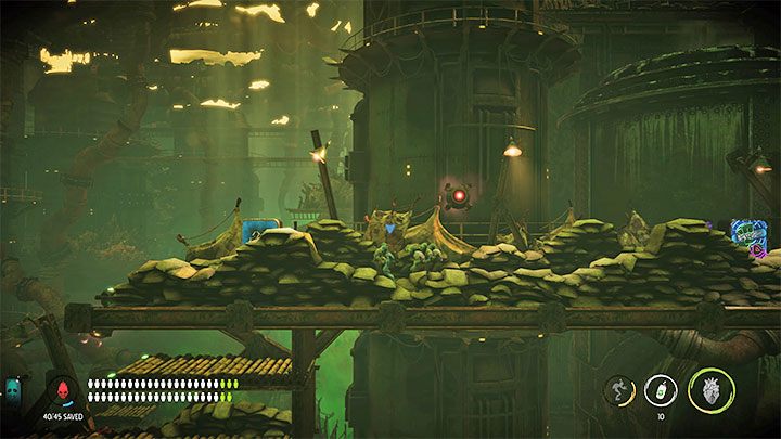 Winda zatrzyma się w połowie drogi i wykorzystajmy to żeby zbadać prawy obszar - Oddworld Soulstorm: Dotarcie windą do Comms Tower, Slig Barracks - solucja - Oddworld Soulstorm - poradnik do gry