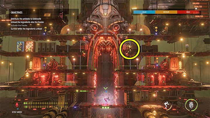 Po rozpoczęciu bitwy nie możemy ruszać się Abeem z miejsca, bo dostępu do niemal wszystkich bocznych platform bronią czerwone wyładowania - Oddworld Soulstorm: Aktywowanie Feedera, Eye of the Storm - solucja - Oddworld Soulstorm - poradnik do gry