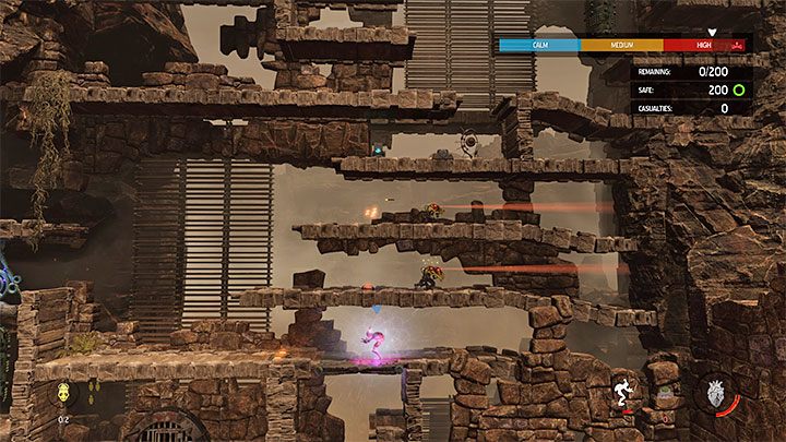 Po tym jak Mudokony uciekły z tej okolicy ukryjmy się na najniższym poziomie areny - Oddworld Soulstorm: Ochranianie innych Mudokonów, The Ruins - solucja - Oddworld Soulstorm - poradnik do gry