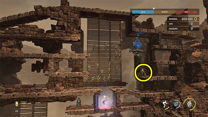 Tak samo jak wcześniej konfrontacja nie rozpocznie się dopóki nie użyjemy śpiewu na górnym dzwonie - Oddworld Soulstorm: Ochranianie innych Mudokonów, The Ruins - solucja - Oddworld Soulstorm - poradnik do gry