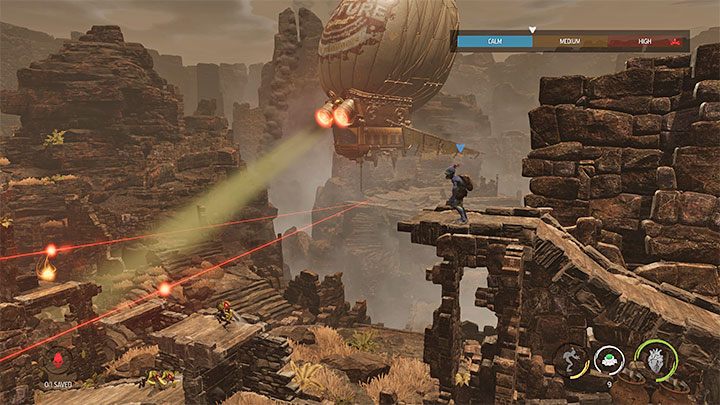 Przed nami trudniejsza część etapu - musimy przejść przez dwie duże lokacje, w których Abe musi jednocześnie radzić sobie ze Sligami, snajperami (czerwone wiązki) oraz bombardowaniami sterowca - Oddworld Soulstorm: Przeprawa przez terytorium Sligów, The Blimp - solucja - Oddworld Soulstorm - poradnik do gry