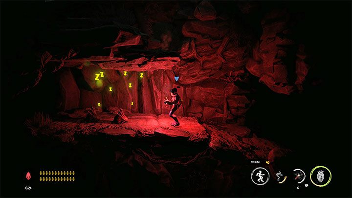 W trakcie eksploracji tej kopalni oraz niektórych kolejnych z dalszej części misji musimy uważać na śpiące kreatury (przykład na obrazku), które analogicznie do Sligów reagują na ruch - Oddworld Soulstorm: Zebranie składników antidotum, The Funicular - solucja - Oddworld Soulstorm - poradnik do gry