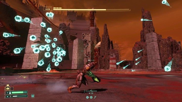Iksjon może wystrzeliwać w kierunku Selene chmurę kul energii, które na początku lecą blisko siebie, a następnie odległości pomiędzy poszczególnymi kulami powoli zaczną się zwiększać - Returnal: Iksjon/Ixion - boss, jak pokonać? - Returnal - poradnik do gry