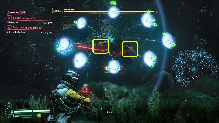 W trakcie całej walki z Ophionem należy strzelać w słabe punkty bossa, które zostały oznaczone na powyższym obrazku - Returnal: Ophion - boss, jak pokonać? - Returnal - poradnik do gry