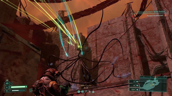 Ostatnim groźnym przeciwnikiem zamieszkującym Karmazynowe Pustkowia jest ogromnych rozmiarów latający stwór, który może zaatakować Was zaraz po przejściu do tej lokacji - Returnal: Karmazynowe Pustkowia/Crimson Wastes - biom - Returnal - poradnik do gry