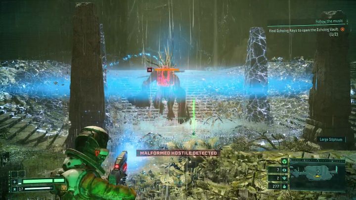 W zamkniętym obszarze tego biomu możecie spotkać mocno zmodyfikowaną i znacznie silniejszą wersję stwora opisywanego powyżej - Returnal: Ruiny Pogłosu/Echoing Ruins - biom - Returnal - poradnik do gry