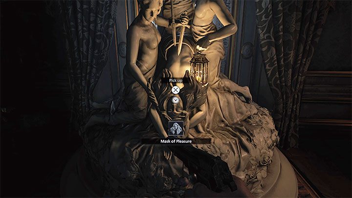 W pomieszczeniu Hall of Pleasure znajdziecie ołtarz z maską Mask of Pleasure - Resident Evil Village: Eksploracja dziedzińca, okolic/Castle Courtyard - solucja - Resident Evil Village - poradnik do gry