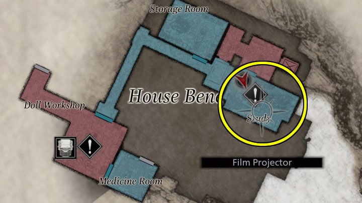 Musicie teraz wyruszyć do mijanego wcześniej gabinetu Study z projektorem Film Projector - Resident Evil Village: House Beneviento, Zagadka z projektorem - rozwiązanie - Resident Evil Village - poradnik do gry