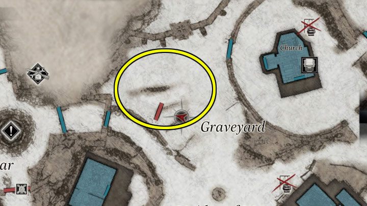 Poszukiwany ptak siedzi na jednym z konarów dużego drzewa znajdującego się na cmentarzu Graveyard w centralnej części wioski - miejsce to pokazują powyższe obrazki - Resident Evil Village: Składnik Juicy Game - jak zdobyć? - Resident Evil Village - poradnik do gry