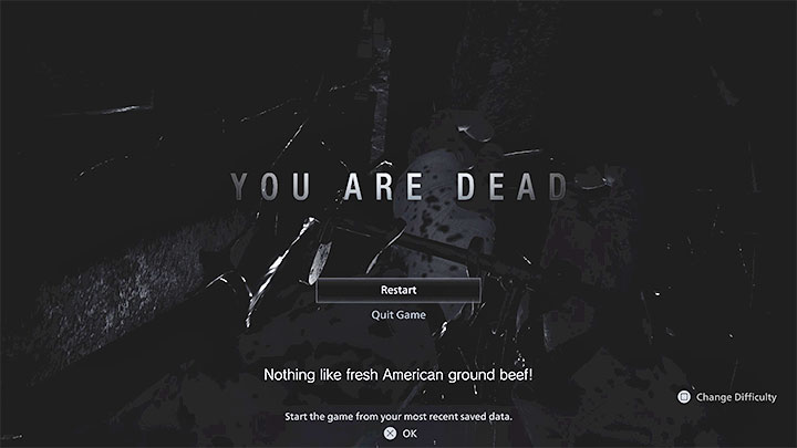 Po śmierci bohatera pojawią się dwie główne opcje - możecie zrestartować rozgrywkę od ostatniego punktu kontrolnego (niekoniecznie musi to być punkt zapisu stanu gry z maszyną do pisania) lub wyjść do menu głównego - Resident Evil Village: Rany - jak leczyć? - Resident Evil Village - poradnik do gry