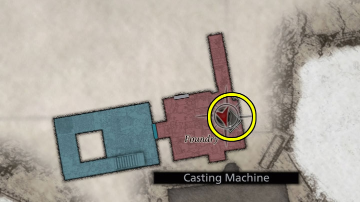 Z odnalezioną farmą musicie dotrzeć do maszyny odlewniczej Casting Machine znajdującej się w pomieszczeniu odlewni Foundry na poziomie MB4 - Resident Evil Village: Zagadka z labiryntem - rozwiązanie - Resident Evil Village - poradnik do gry