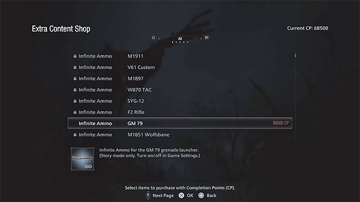 W zaliczaniu gry na najwyższym poziomie trudności bardzo pomoże wam korzystanie z broni z nielimitowaną amunicją - działa to na zasadzie cheatów (ułatwień), które kupuje się za punkty CP (Completion Points) przyznawane za zaliczanie wbudowanych wyzwań (Challenges) gry - Resident Evil Village: Trofeum Universes Best Dad - jak zdobyć? - Resident Evil Village - poradnik do gry