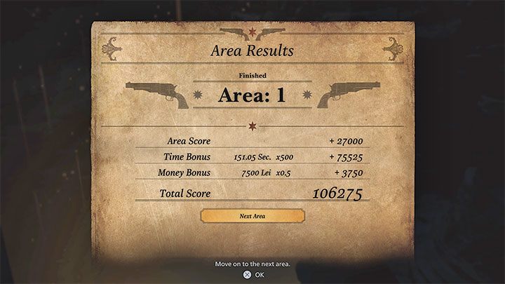 Na koniec każdej rundy / obszaru (Area) gra wyświetla informacje na temat liczby zdobytych punktów - Resident Evil Village: Tryb The Mercenaries Mode - Resident Evil Village - poradnik do gry