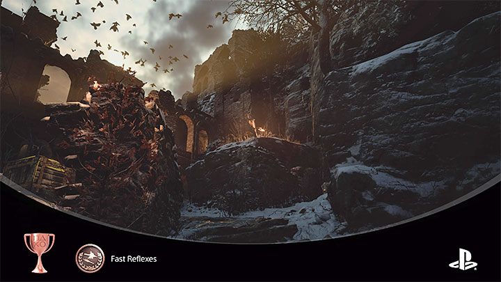 Przygotujcie sobie nóż (Knife) i wciśnijcie przycisk ataku tuż przed tym jak strzała trafi Ethana - Resident Evil Village: Trofea/Osiągnięcia - lista - Resident Evil Village - poradnik do gry