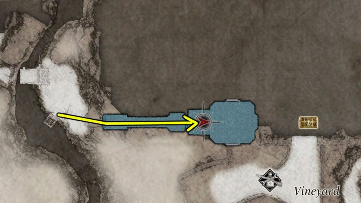 Po dopłynięciu do nowego miejsca zacumowania łódki udajcie się na wschód, w stronę oznaczonego na obrazku przejścia - Resident Evil Village: Medium Rare - trofeum/osiągnięcie, jak zdobyć? - Resident Evil Village - poradnik do gry